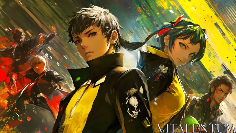 Defiant anime squad stands against swirling neon chaos