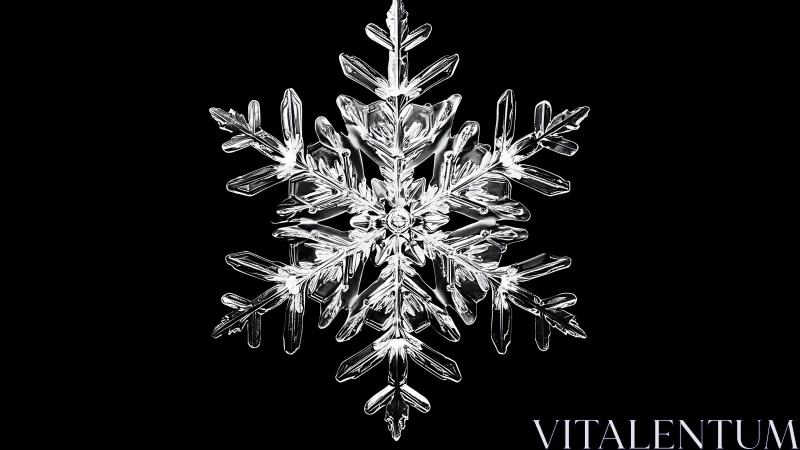 Macro close-up of single symmetrical snowflake on black