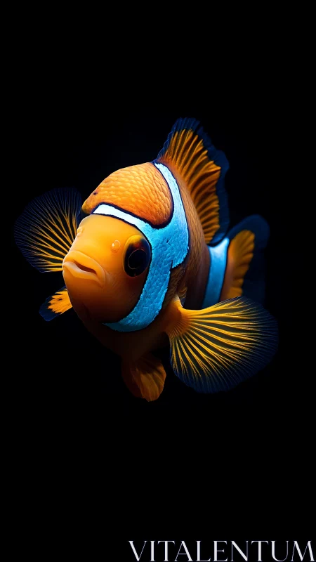 Clownfish portrait in vivid light on deep black background.