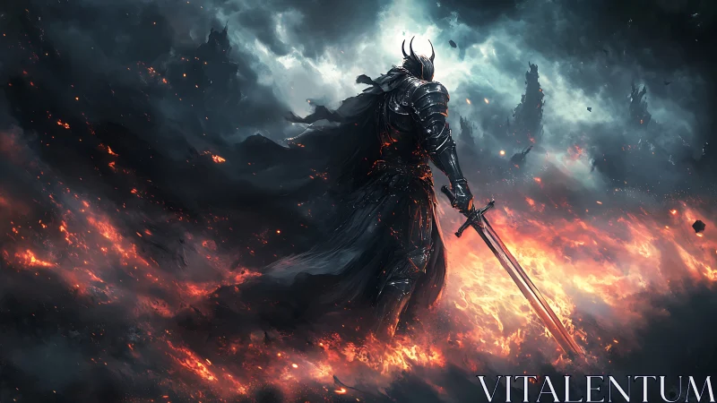 Armored figure with sword in burning volcanic landscape.