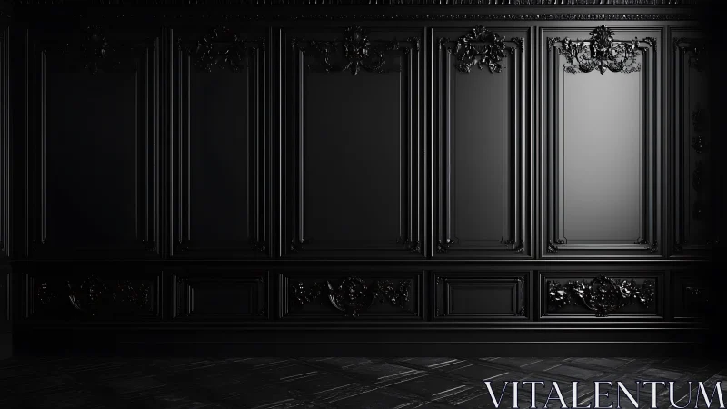 Baroque-inspired matte black wall with ornate molded panels.