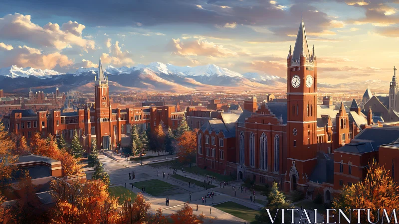 Sunlit neo-gothic campus before distant snowy mountains.