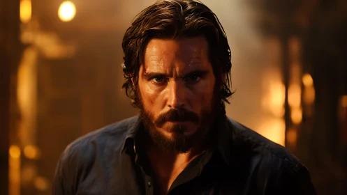 Intense bearded man in low key portrait against fiery bokeh