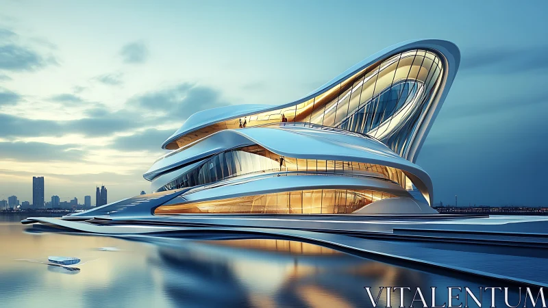 Futuristic Waterfront Building with Flowing Architecture.