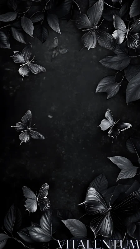 Midnight butterflies drift among glossy dark foliage.