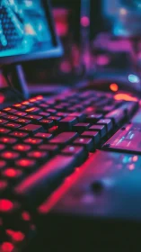 Neon-lit gaming keyboard glows softly in a cozy tech nook