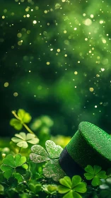 Glittered leprechaun hat amid clover field with bokeh light.