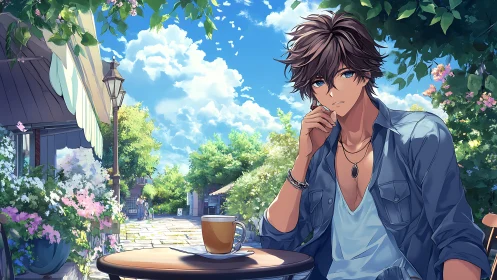 Sunlit outdoor café portrait of pensive young man, anime style