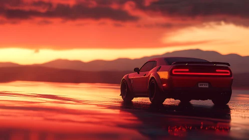 Widebody red muscle car on wet salt flats at sunset horizon
