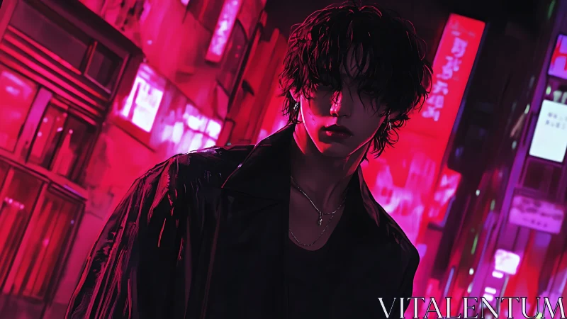 Cyberpunk neon portrait with high-contrast urban backlighting.