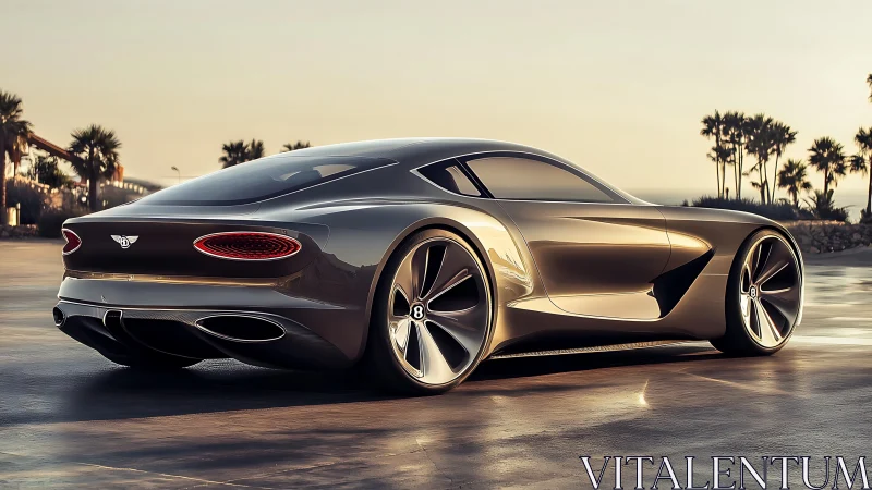 Luxury sports coupe parked on coastal road at sunset.