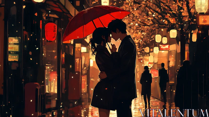 Couple sharing red umbrella in warm city night street.