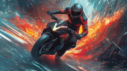 Flame‑trailing superbike rider carving through liquid fire.