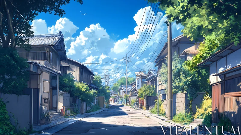 Sunlit summer alleyway in traditional Japanese residential district