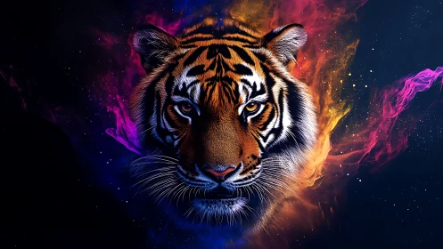 Fiery cosmic tiger gazes forward with bold, electric calm