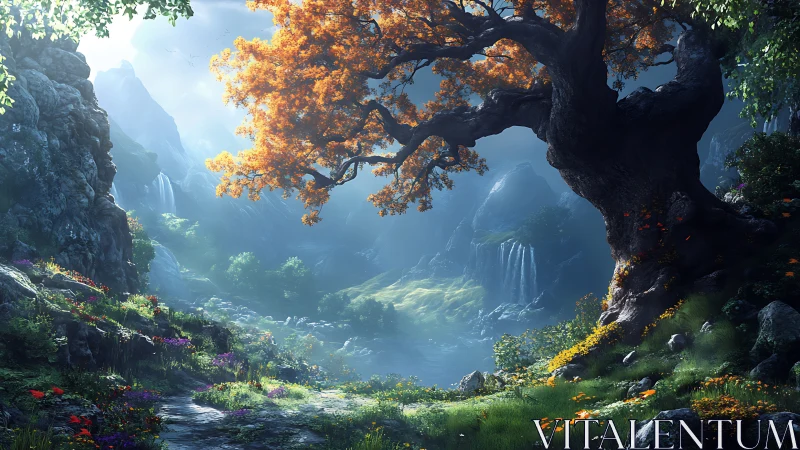 Ancient oak crowns misty valley with luminous cascades.