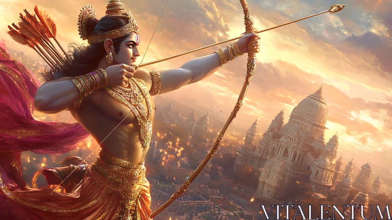 Divine archer draws golden bow above blazing temple city.