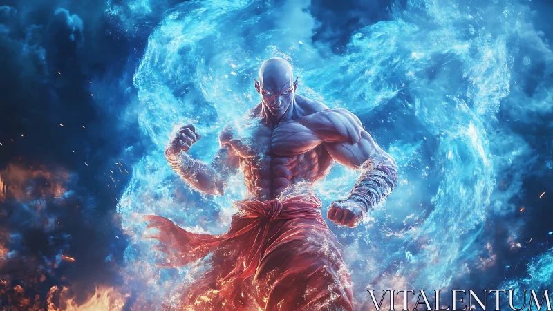 Elemental martial warrior wreathed in energized blue flame