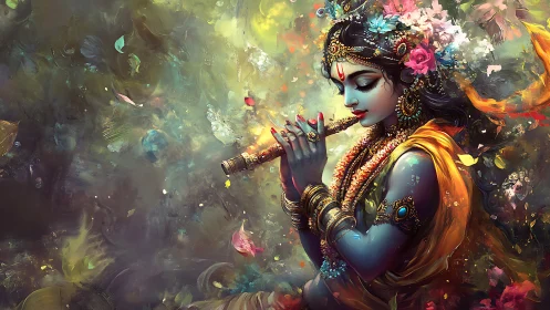 Divine blue musician plays flute amid swirling blossoms.