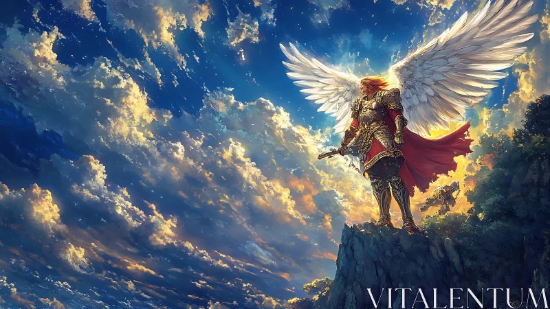 Winged celestial warrior overlooking radiant cloudscape.