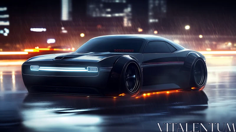 Cyberpunk muscle coupe on neon-soaked rain city roadway.