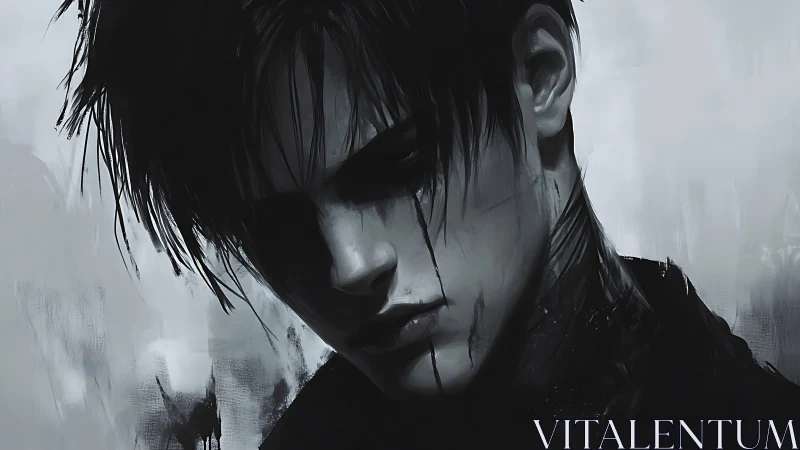 Monochrome profile of young male figure in shadowed light.