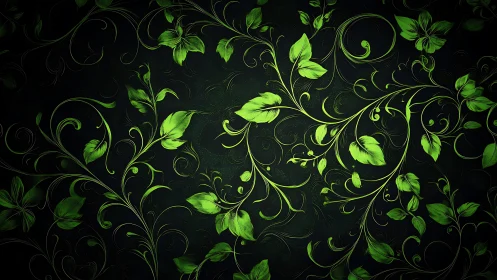 Green luminous leaves form swirling vines on dark background