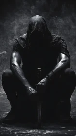 Hooded warrior crouches in chiaroscuro with grounded sword.