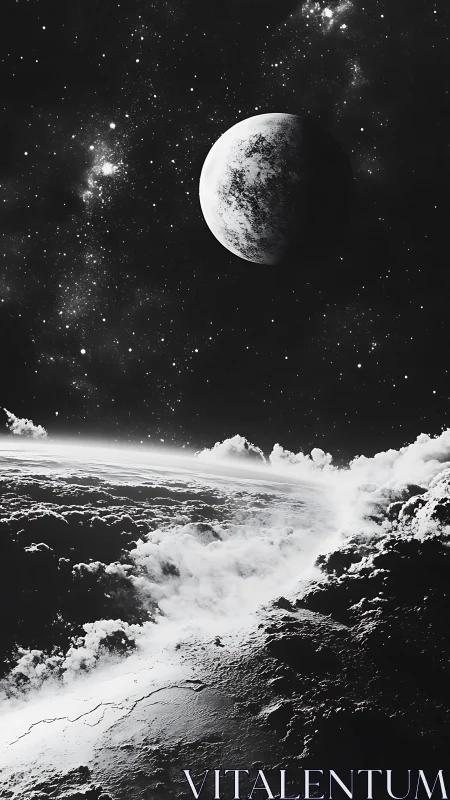 Monochrome planetary horizon shows cratered moon in space