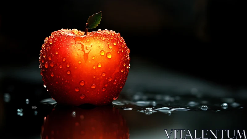 Glistening red apple glowing softly against dark backdrop.
