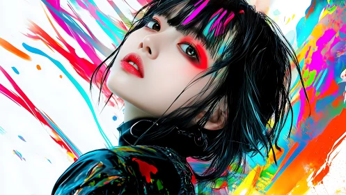 Digital portrait shows stylized woman against paint streaks