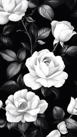 Monochromatic White Roses Against Black Background with Layered Foliage