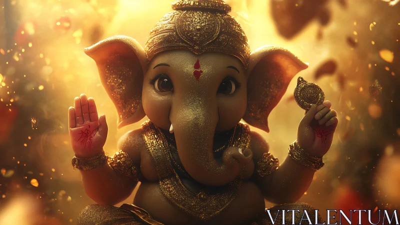 Golden baby Ganesha bathed in soft festive light.