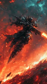Armored fire knight descends through molten storm skies