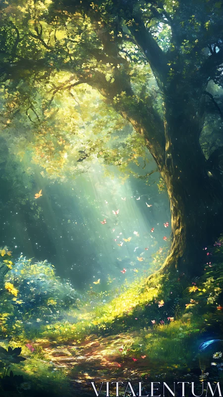 Ancient tree canopy with atmospheric light filtering.