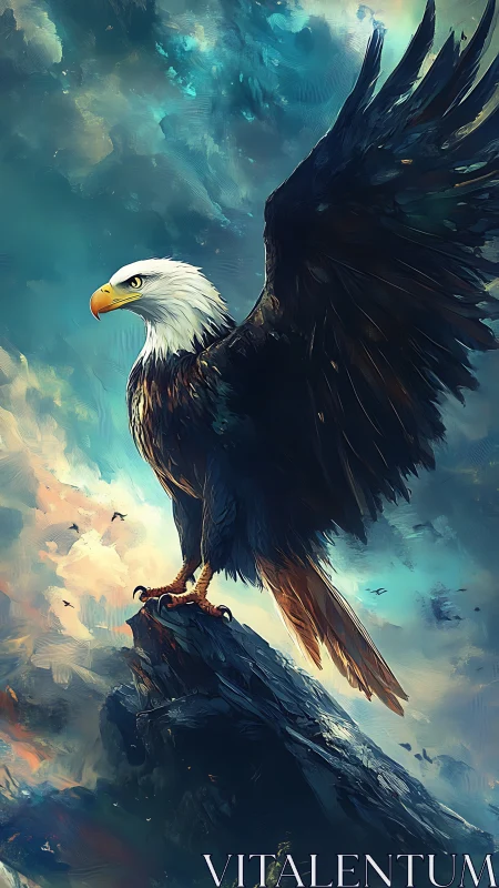 Bald eagle on rocky peak against turbulent sky panorama.