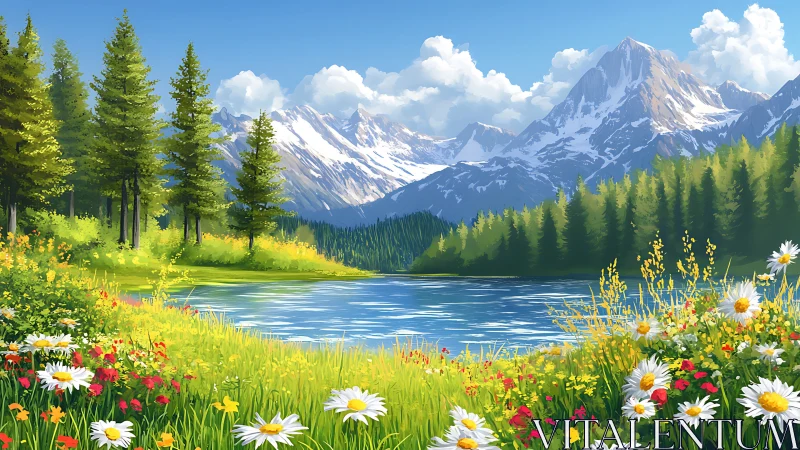 Sunlit lakeside meadow cradled by bright alpine peaks.