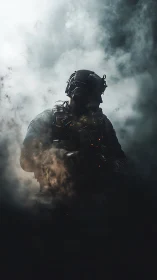 Heavily equipped soldier silhouette in dense battlefield smoke.