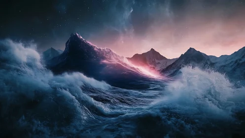 Tidal mountains collide with starlit dawn in liquid thunder