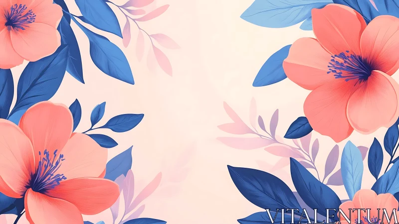 Coral Blooms Against Navy Foliage. Digital Botanical Illustration.