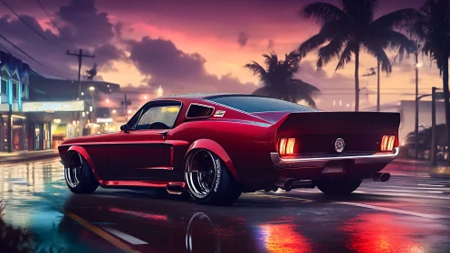Widebody classic muscle car at neon city coastal sunset
