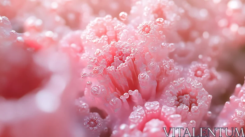 Pink macro coral texture with clustered dew-like droplets.