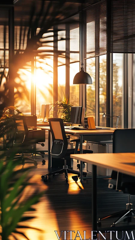 Sunlit contemporary office interior with warm reflective light.