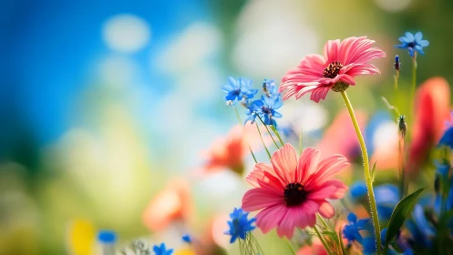 Vibrant Pink Daisies Bloom Among Blue Flowers