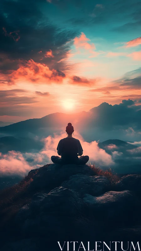 Silhouetted meditator atop clouds under cinematic sunrise sky.