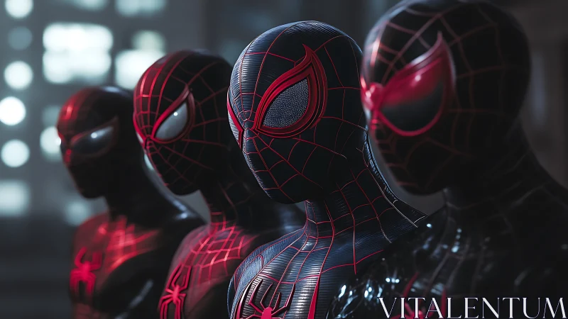 Row of black spider-suited figures in neon city light.