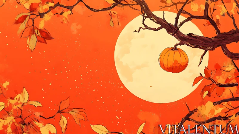 Pumpkin hangs from tree branch before large full moon