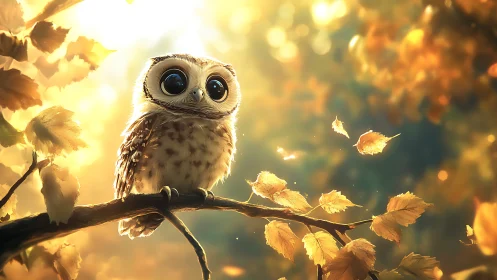 Cute cartoon baby owl on autumn branch, glowing fantasy artwork.