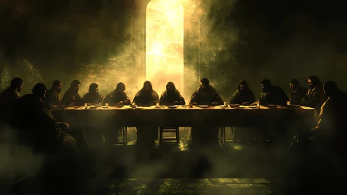 Dramatic low‑key last supper tableau with volumetric backlighting
