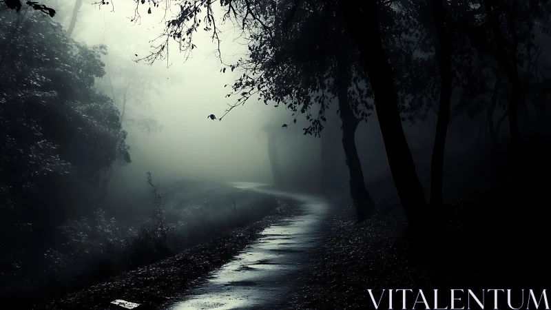 Wet forest pathway curving into dense fog at night.
